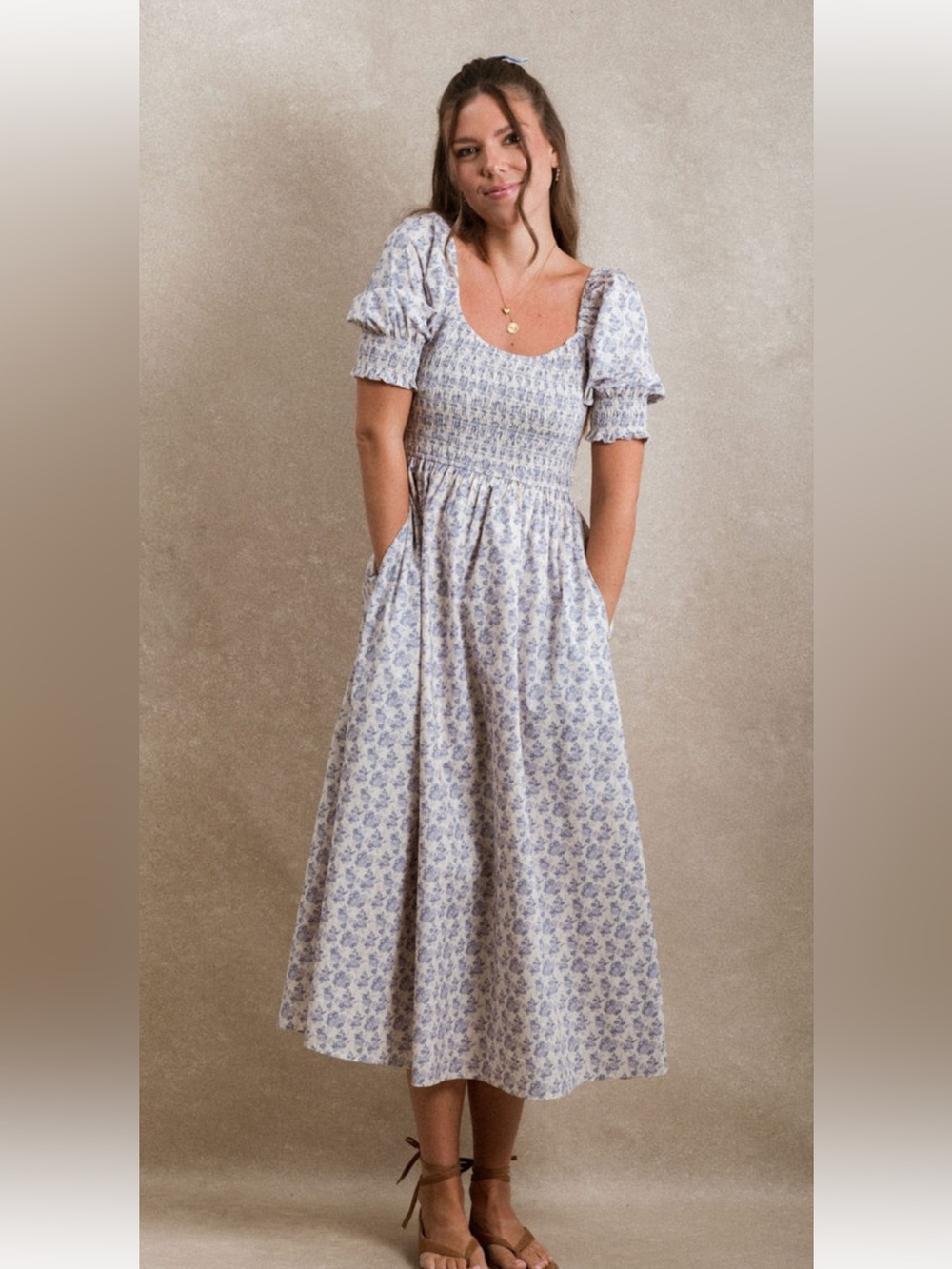 Neuflora Thira dress- Smocked Bodice Puff Sleeve Floral Maxi Dress - Blue